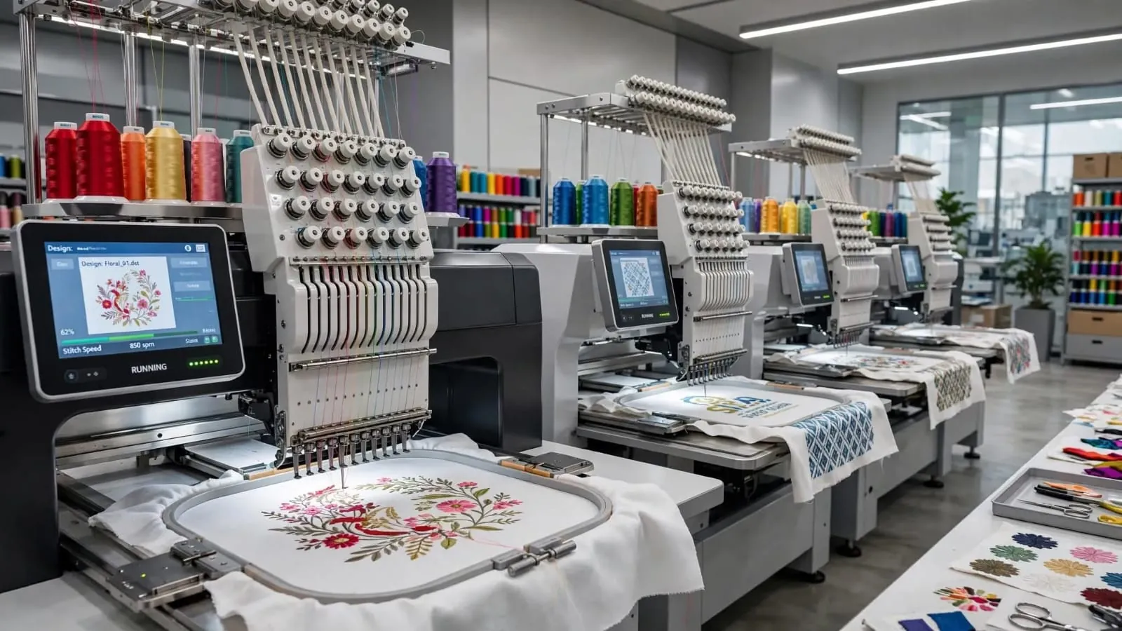 Row of multi-head embroidery machines stitching a floral design